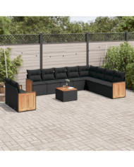 Salon de jardin 11 pcs avec coussins noir résine tressée | Mobilier & Déco