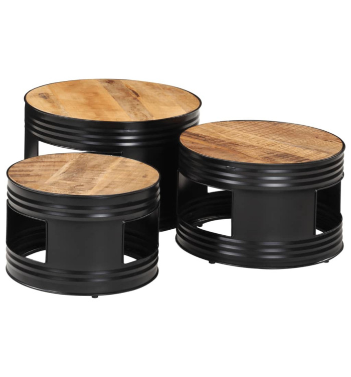 Tables de bar forme tambour 3 pcs bois de manguier massif brut | Mobilier & Déco