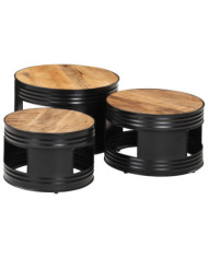Tables de bar forme tambour 3 pcs bois de manguier massif brut | Mobilier & Déco