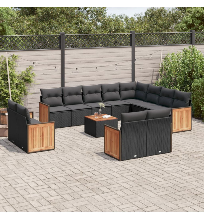 Salon de jardin avec coussins 13 pcs noir résine tressée | Mobilier & Déco