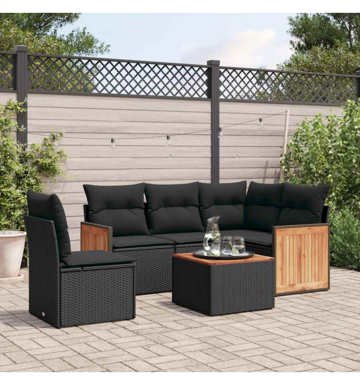 Salon de jardin 6 pcs avec coussins noir résine tressée | Mobilier & Déco