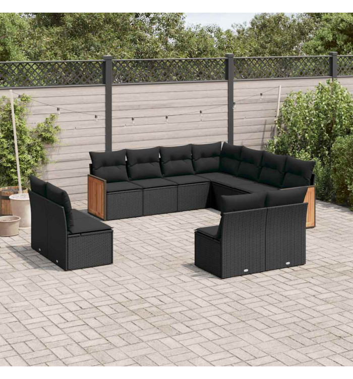Salon de jardin 11 pcs avec coussins noir résine tressée | Mobilier & Déco