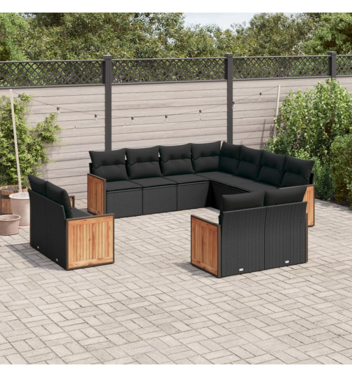 Salon de jardin 11 pcs avec coussins noir résine tressée | Mobilier & Déco