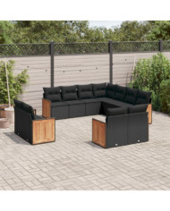 Salon de jardin 11 pcs avec coussins noir résine tressée | Mobilier & Déco