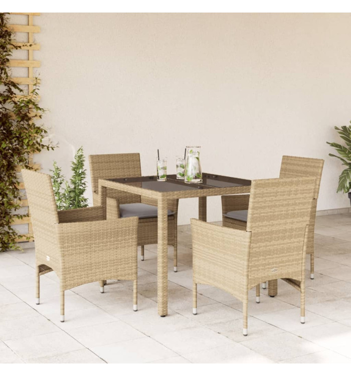 Ensemble à manger de jardin et coussins 5 pcs beige rotin verre | Mobilier & Déco