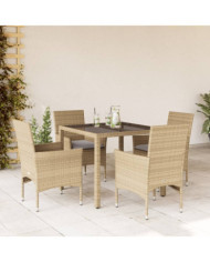 Ensemble à manger de jardin et coussins 5 pcs beige rotin verre | Mobilier & Déco