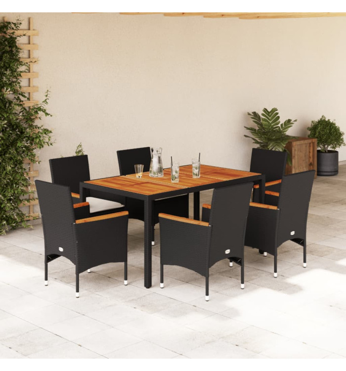 Ensemble à manger de jardin et coussins 7pcs noir rotin acacia | Mobilier & Déco