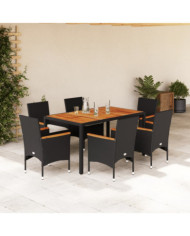 Ensemble à manger de jardin et coussins 7pcs noir rotin acacia | Mobilier & Déco