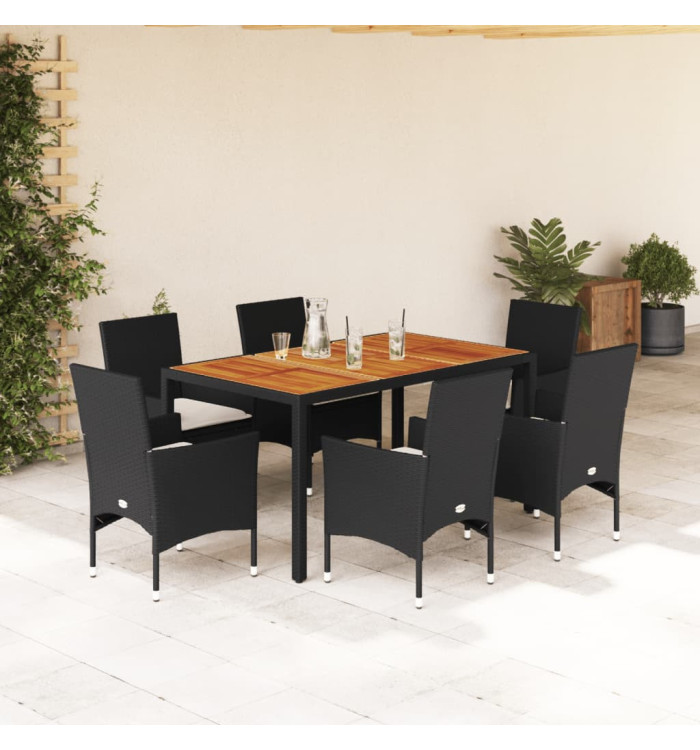Ensemble à manger de jardin et coussins 7pcs noir rotin acacia | Mobilier & Déco