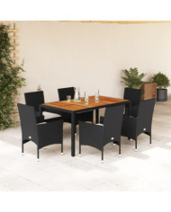 Ensemble à manger de jardin et coussins 7pcs noir rotin acacia | Mobilier & Déco