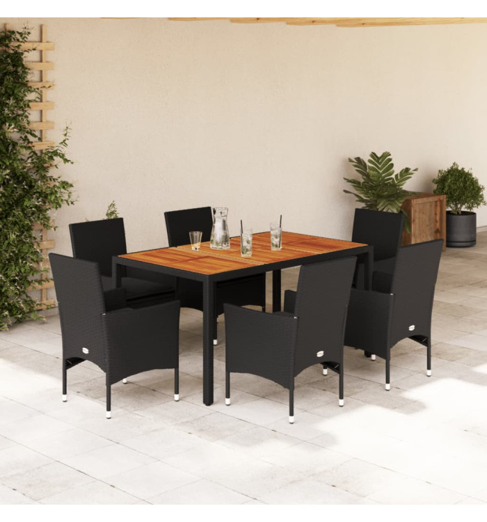 Ensemble à manger de jardin et coussins 7pcs noir rotin acacia | Mobilier & Déco