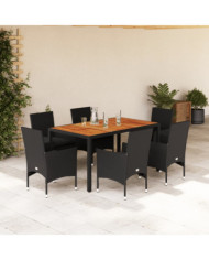 Ensemble à manger de jardin et coussins 7pcs noir rotin acacia | Mobilier & Déco