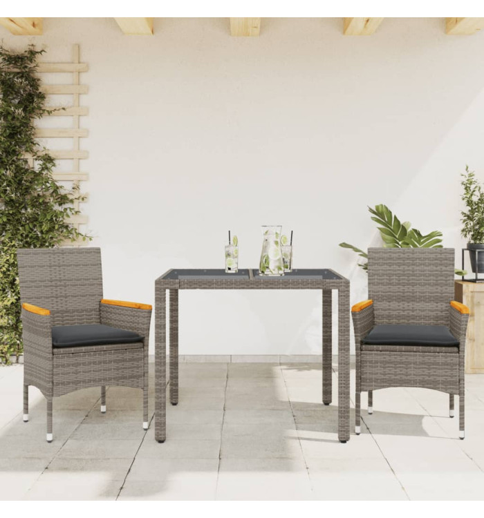 Ensemble à manger de jardin et coussins 3 pcs gris rotin verre | Mobilier & Déco