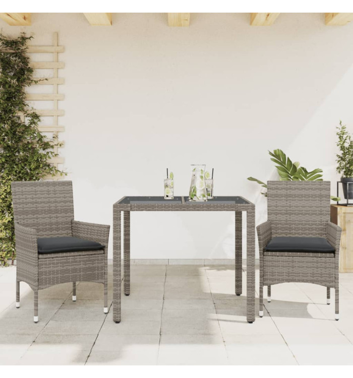 Ensemble à manger de jardin et coussins 3 pcs gris rotin verre | Mobilier & Déco