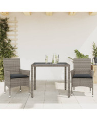 Ensemble à manger de jardin et coussins 3 pcs gris rotin verre | Mobilier & Déco