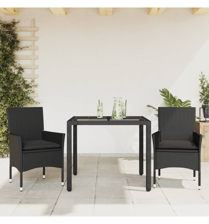 Ensemble à manger de jardin et coussins 3 pcs noir rotin verre | Mobilier & Déco