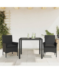 Ensemble à manger de jardin et coussins 3 pcs noir rotin verre | Mobilier & Déco
