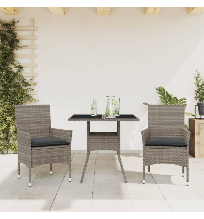 Ensemble à manger de jardin et coussins 3 pcs gris rotin verre | Mobilier & Déco