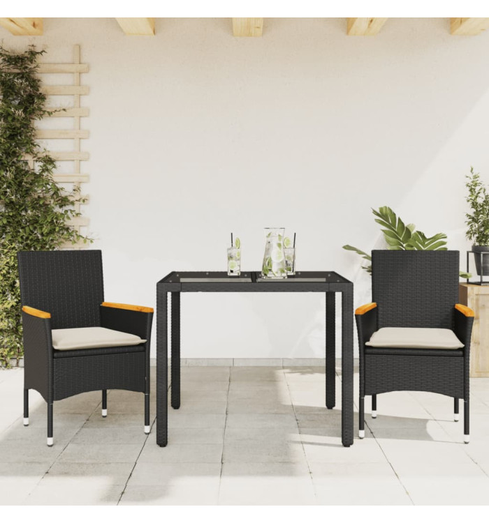 Ensemble à manger de jardin et coussins 3 pcs noir rotin verre | Mobilier & Déco