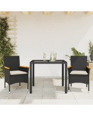 Ensemble à manger de jardin et coussins 3 pcs noir rotin verre | Mobilier & Déco