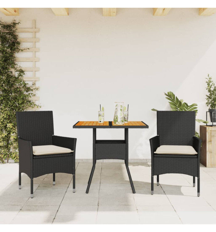 Ensemble à manger de jardin et coussins 3 pcs noir rotin acacia | Mobilier & Déco