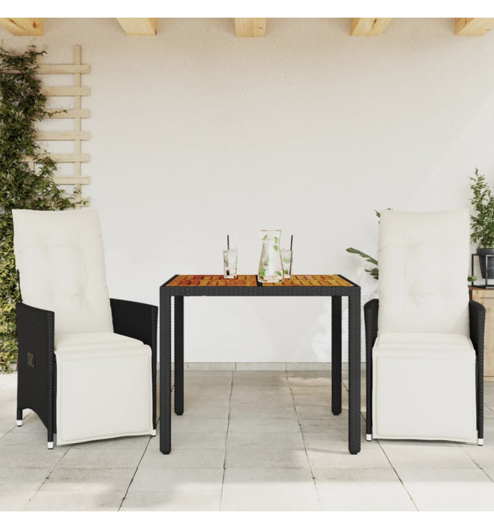 Ensemble de bistro 3 pcs avec coussins noir résine tressée | Mobilier & Déco