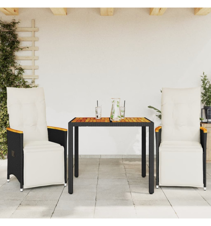 Ensemble de bistro de jardin 3 pcs coussins noir poly rotin | Mobilier & Déco