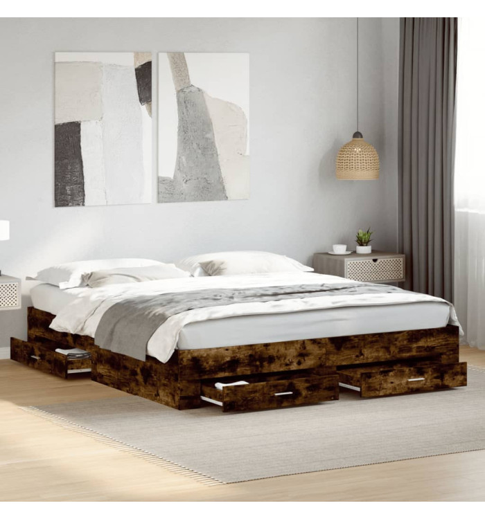Cadre de lit avec tiroirs sans matelas chêne fumé 200x200 cm | Mobilier & Déco