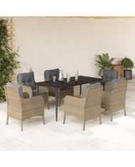 Ensemble à manger de jardin et coussins 7 pcs beige poly rotin | Mobilier & Déco