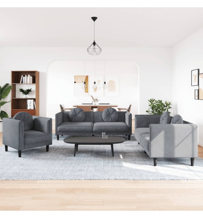 Ensemble de canapés 3 pcs avec coussins gris foncé velours | Mobilier & Déco