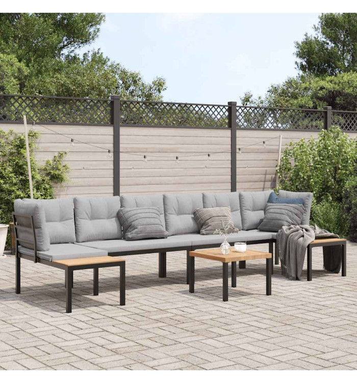 Salon de jardin avec coussins 5 pcs noir acier enduit de poudre | Mobilier & Déco