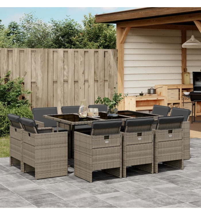 Ensemble à manger de jardin 11pcs avec coussins gris poly rotin | Mobilier & Déco