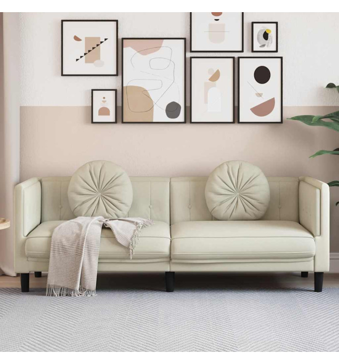 Canapé avec coussins 3 places crème velours | Mobilier & Déco