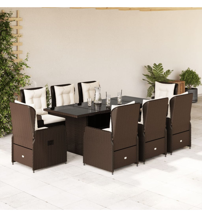 Ensemble à manger de jardin et coussins 9 pcs marron poly rotin | Mobilier & Déco