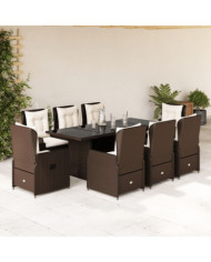 Ensemble à manger de jardin et coussins 9 pcs marron poly rotin | Mobilier & Déco