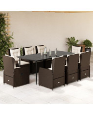 Ensemble à manger de jardin et coussins 9 pcs marron poly rotin | Mobilier & Déco