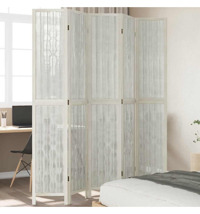 Cloison de séparation 5 panneaux blanc bois de paulownia massif | Mobilier & Déco
