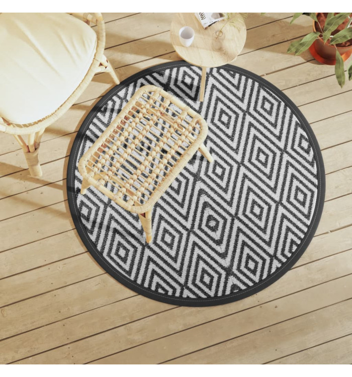 Tapis d'extérieur ARAKIL blanc et noir Ø120 cm PP | Mobilier & Déco