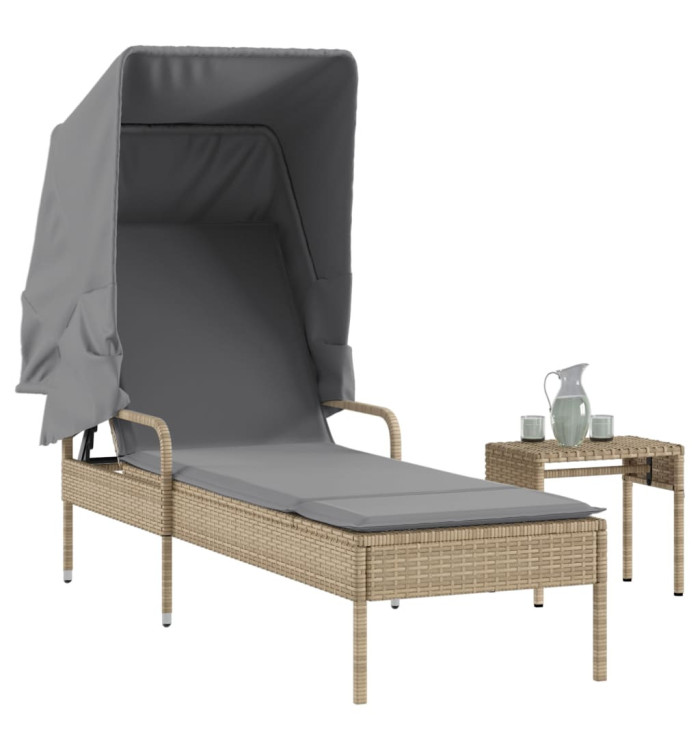 Chaise longue avec auvent et table beige résine tressée | Mobilier & Déco