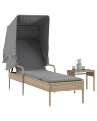 Chaise longue avec auvent et table beige résine tressée | Mobilier & Déco