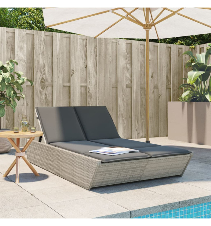 Chaise longue double avec coussins gris clair résine tressée | Mobilier & Déco