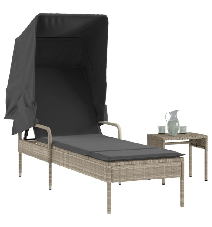 Chaise longue avec auvent et table gris clair résine tressée | Mobilier & Déco