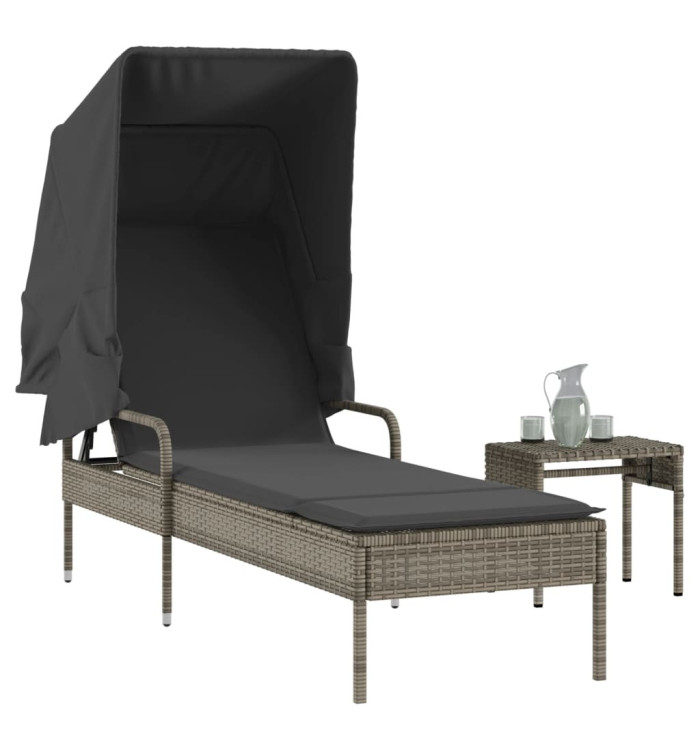 Chaise longue avec auvent et table gris résine tressée | Mobilier & Déco