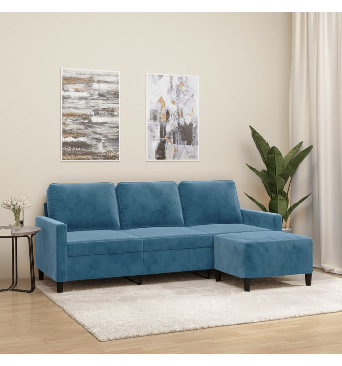 Canapé à 3 places avec repose-pieds Bleu 180 cm Velours | Mobilier & Déco