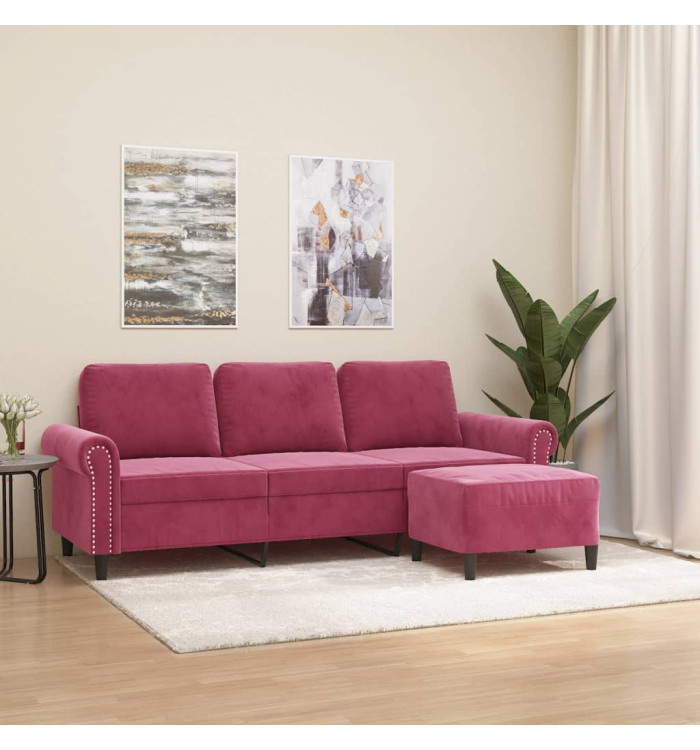 Canapé à 3 places et repose-pieds Rouge bordeaux 180 cm Velours | Mobilier & Déco