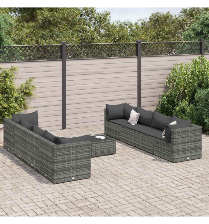 Salon de jardin 9 pcs avec coussins Gris Résine tressée | Mobilier & Déco