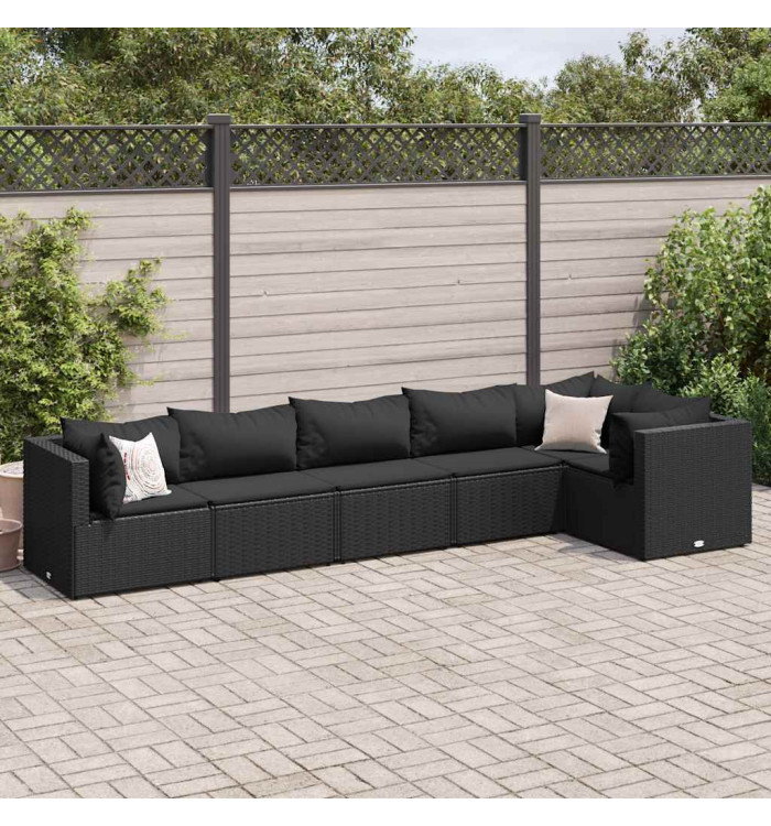 Salon de jardin 6 pcs avec coussins Noir Résine tressée | Mobilier & Déco