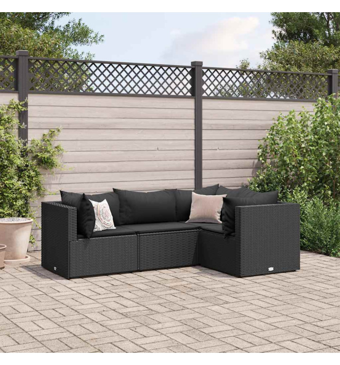 Salon de jardin 4 pcs avec coussins Noir Résine tressée | Mobilier & Déco