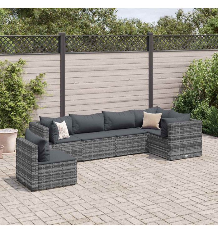 Salon de jardin 6 pcs avec coussins Gris Résine tressée | Mobilier & Déco