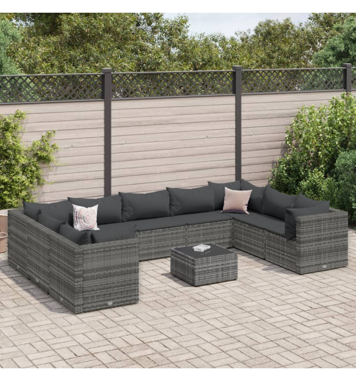 Salon de jardin 10 pcs avec coussins Gris Résine tressée | Mobilier & Déco